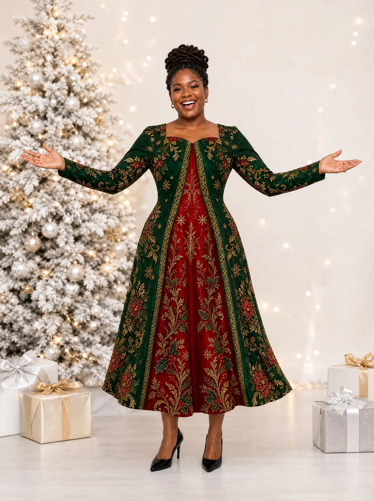 "Nderemo" Long Sleeve Sweetheart Midi Dress — on model, Christmas backdrop