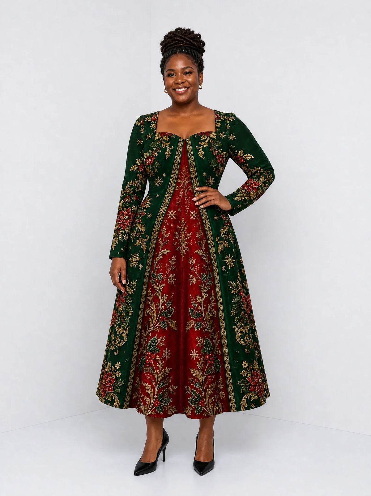 "Nderemo" Long Sleeve Sweetheart Midi Dress — front view on model