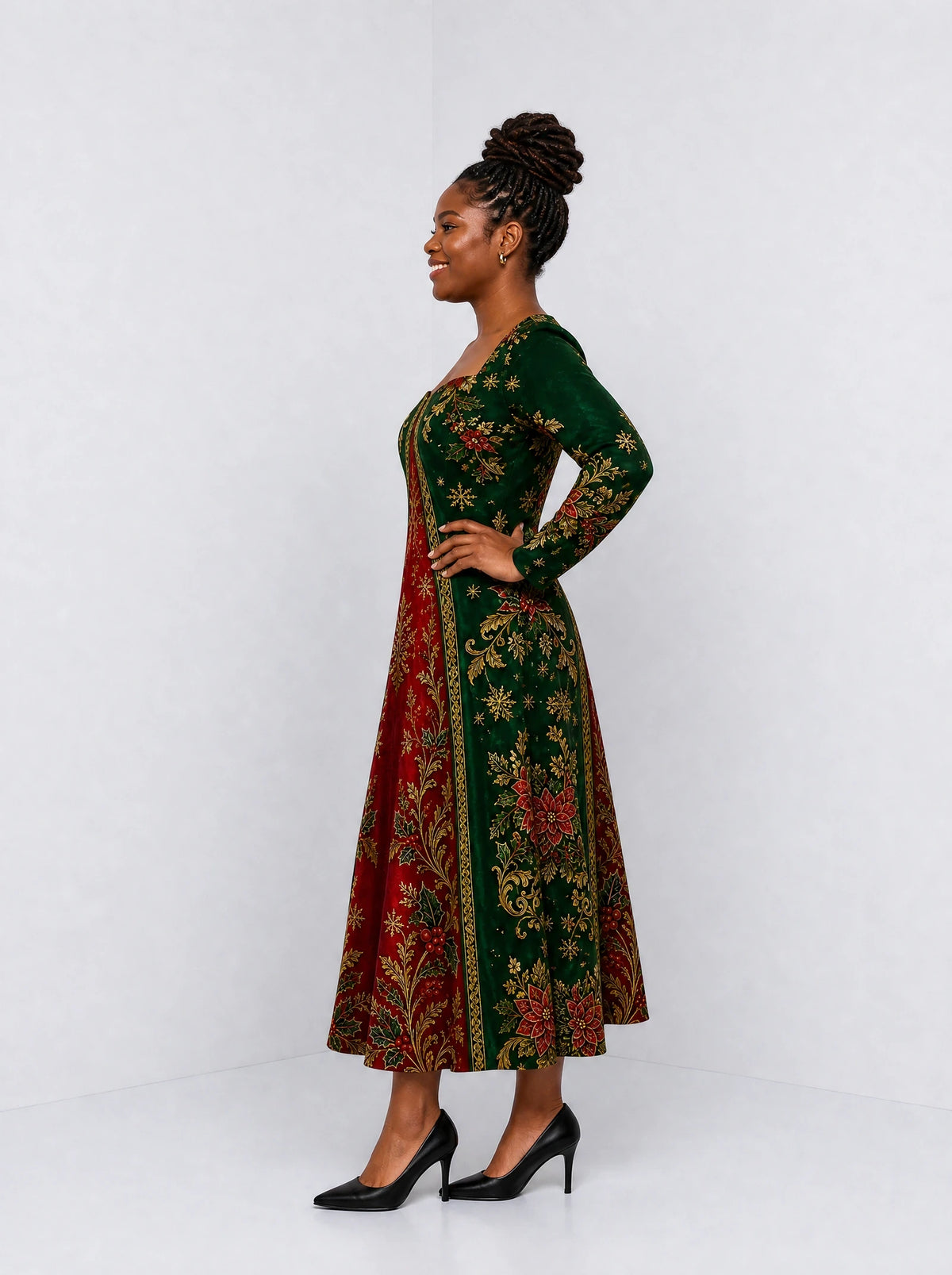 "Nderemo" Long Sleeve Sweetheart Midi Dress — side view on model