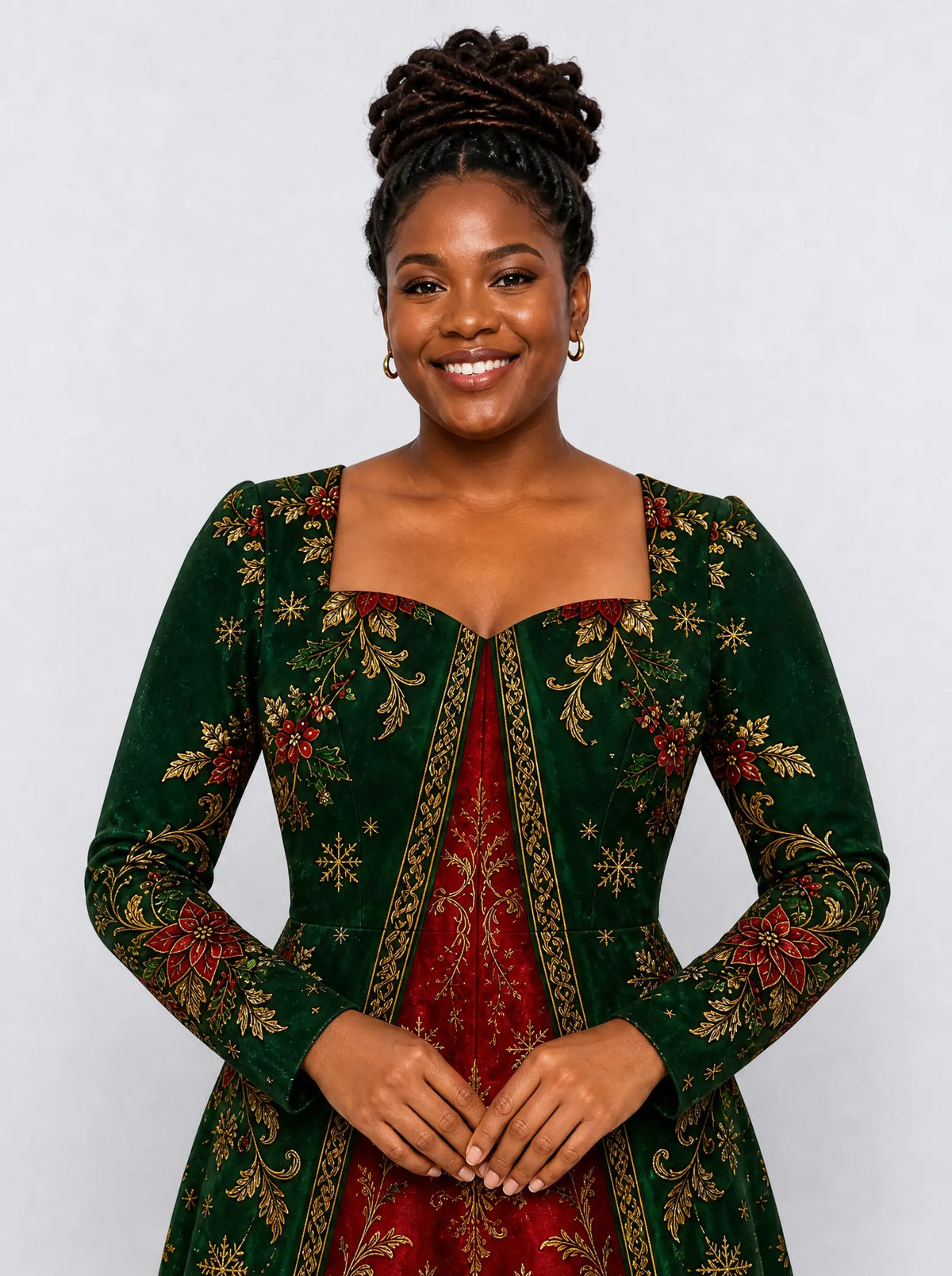 "Nderemo" Long Sleeve Sweetheart Midi Dress — print close-up on model