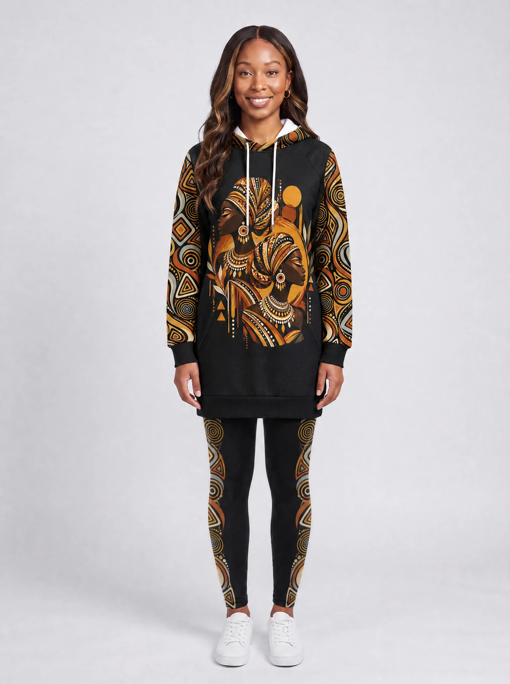 "Ndugu" Hoodie Dress — front view on model, styled with the matching leggings