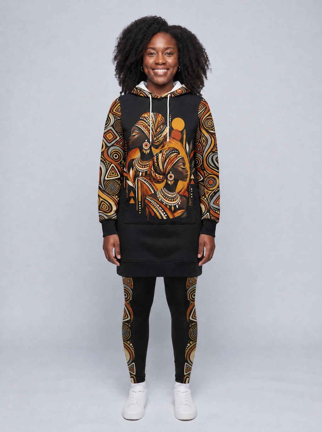 "Ndugu" Hoodie Dress — front view on model, styled with the matching leggings
