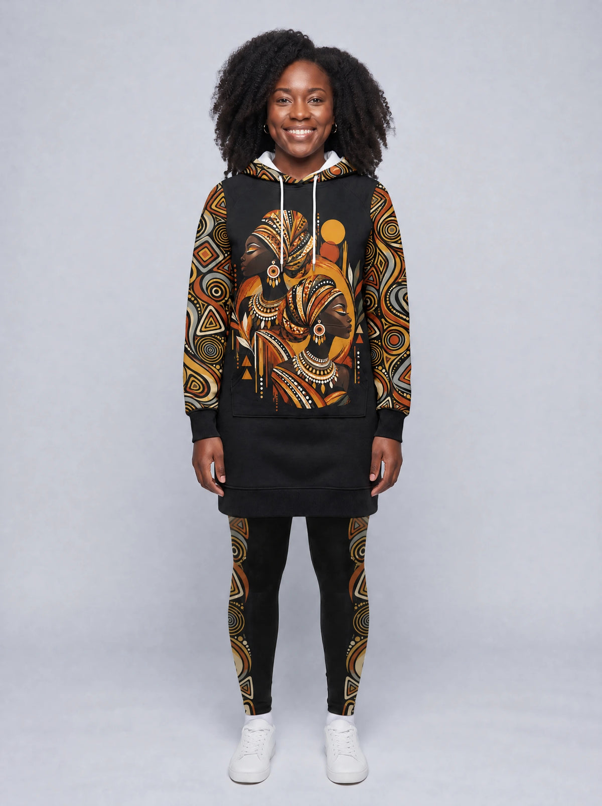 "Ndugu" Leggings — full length on model, styled with the matching hoodie dress