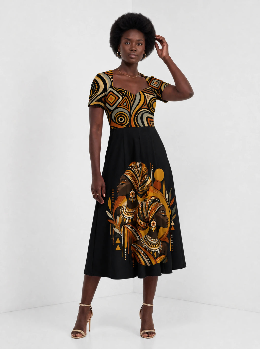 "Ndugu" Sweetheart Midi Dress — styled on model