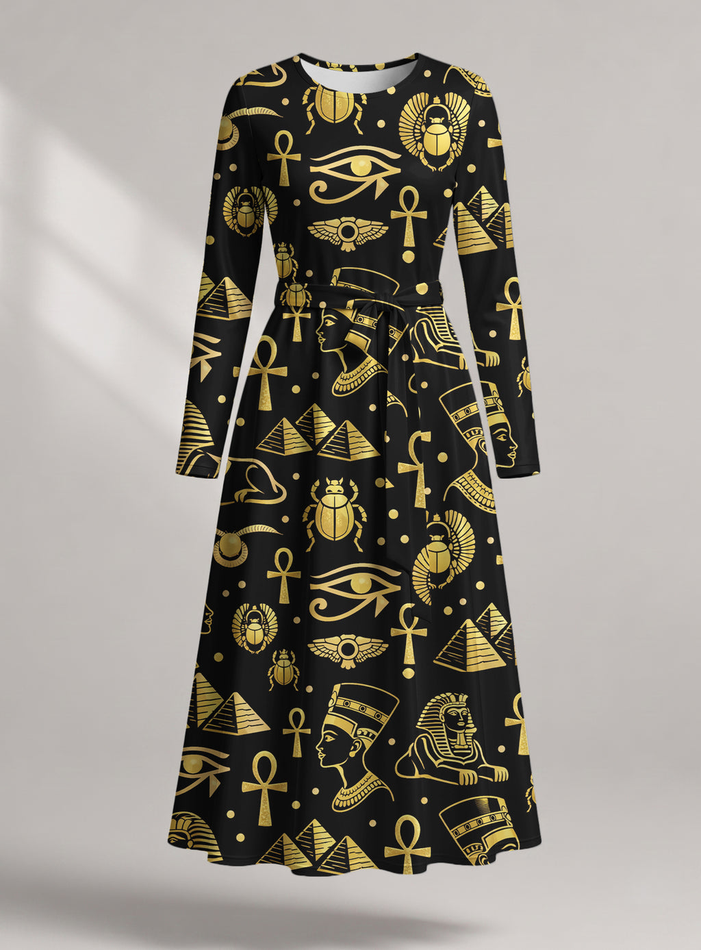 "Nefertiti Black Gold" Viscose Midi Dress — front view