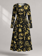 "Nefertiti Black Gold" Viscose Midi Dress — front view