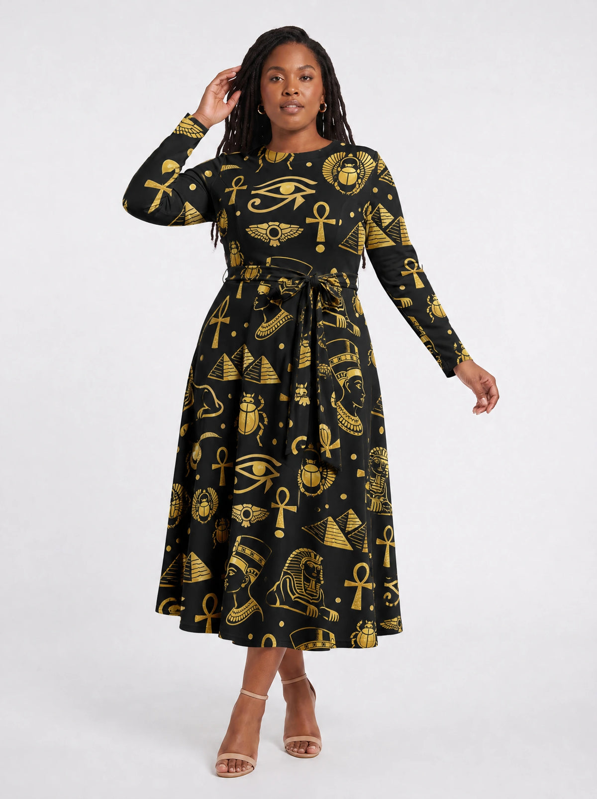 "Nefertiti Black Gold" Long Sleeve Midaxi Dress — front view on model