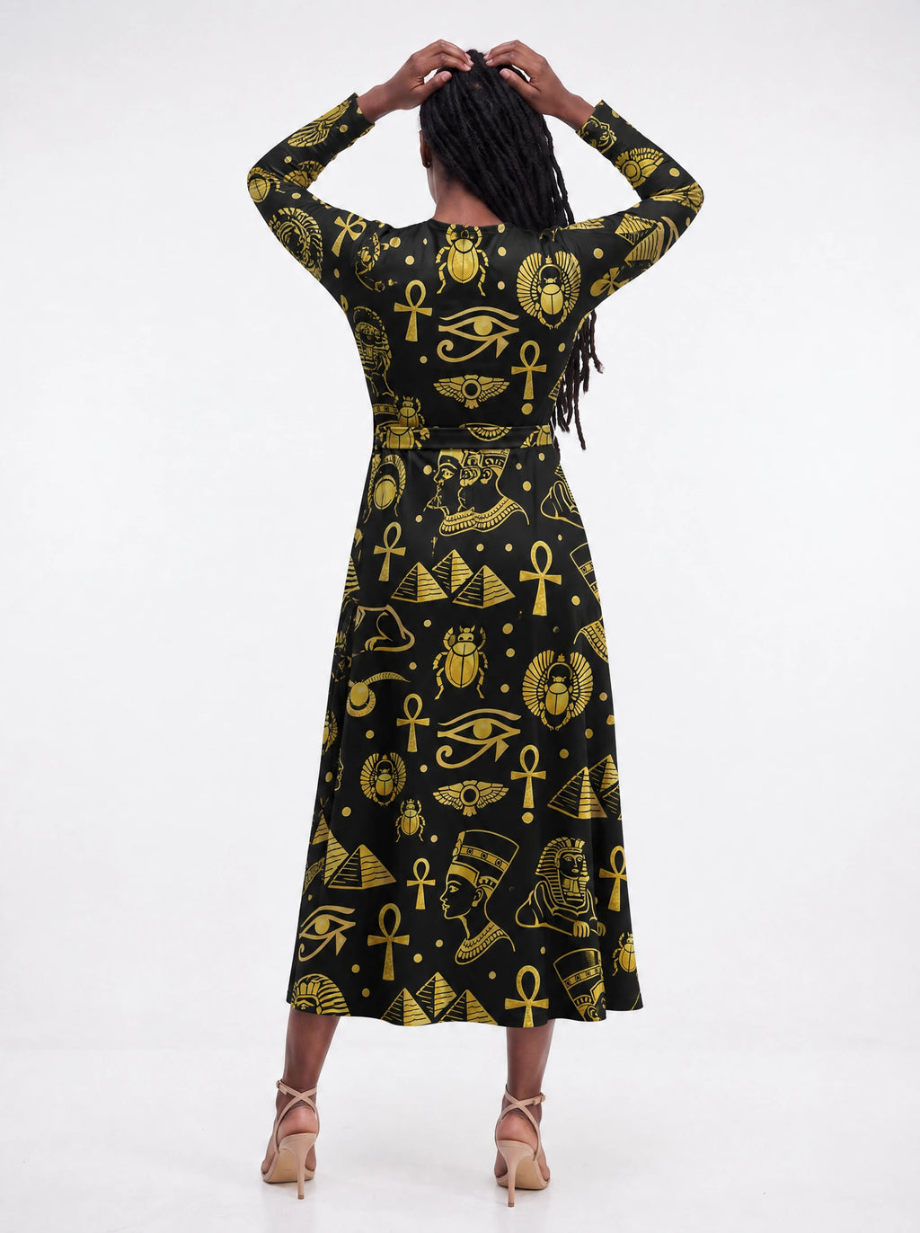 "Nefertiti Black Gold" Long Sleeve Midaxi Dress — back view on model