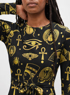 "Nefertiti Black Gold" Long Sleeve Midaxi Dress — close-up of the round neckline and long sleeve