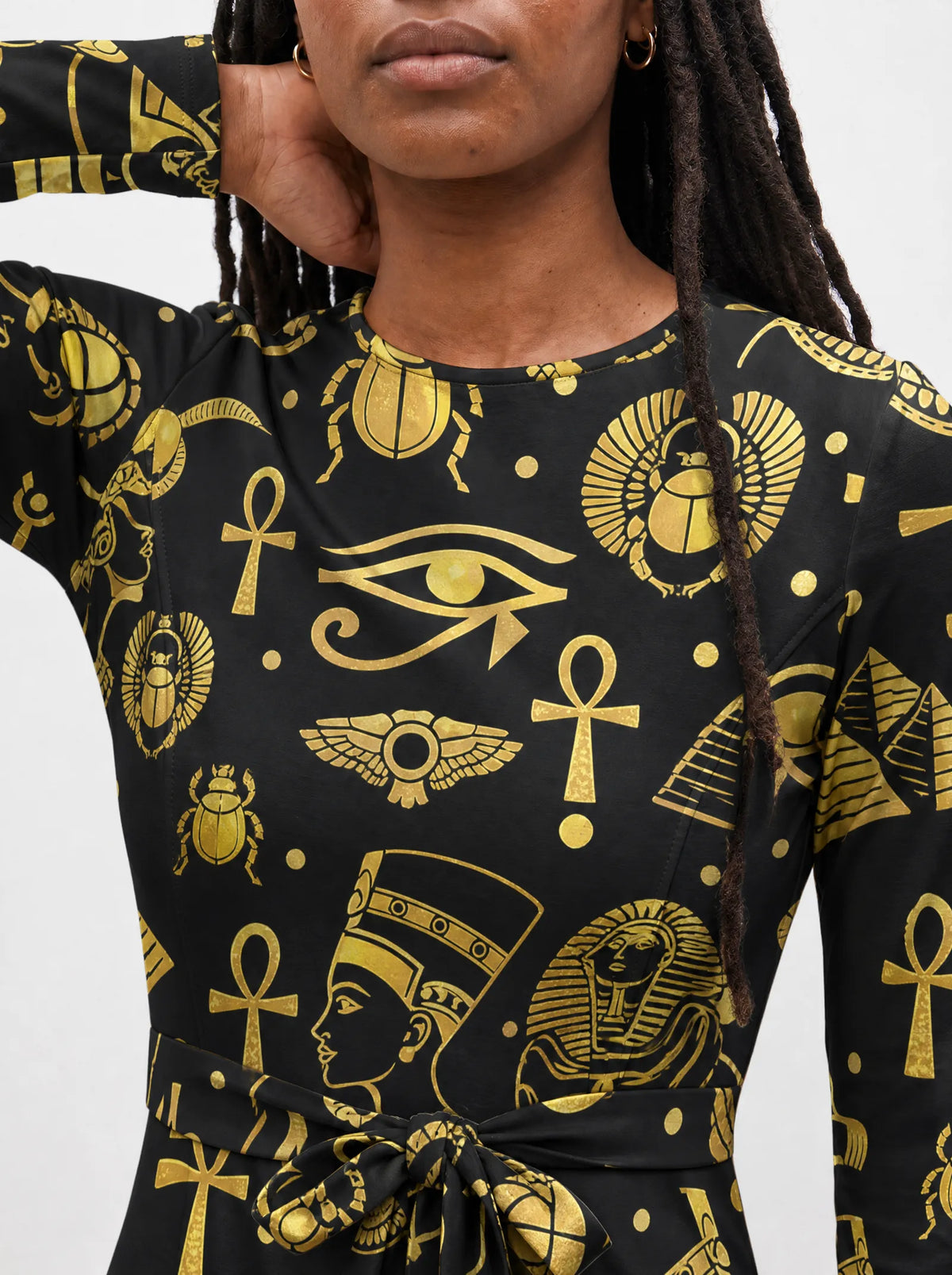 "Nefertiti Black Gold" Long Sleeve Midaxi Dress — close-up of the round neckline and long sleeve
