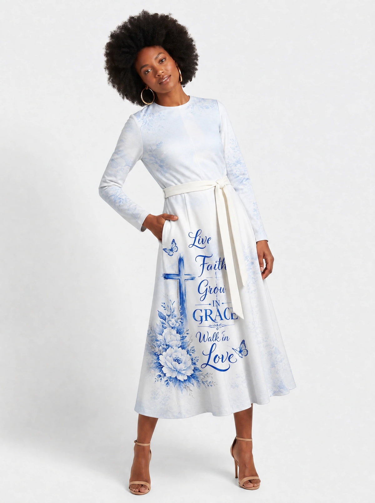 "Neema" Long Sleeve Midaxi Dress — front view on model
