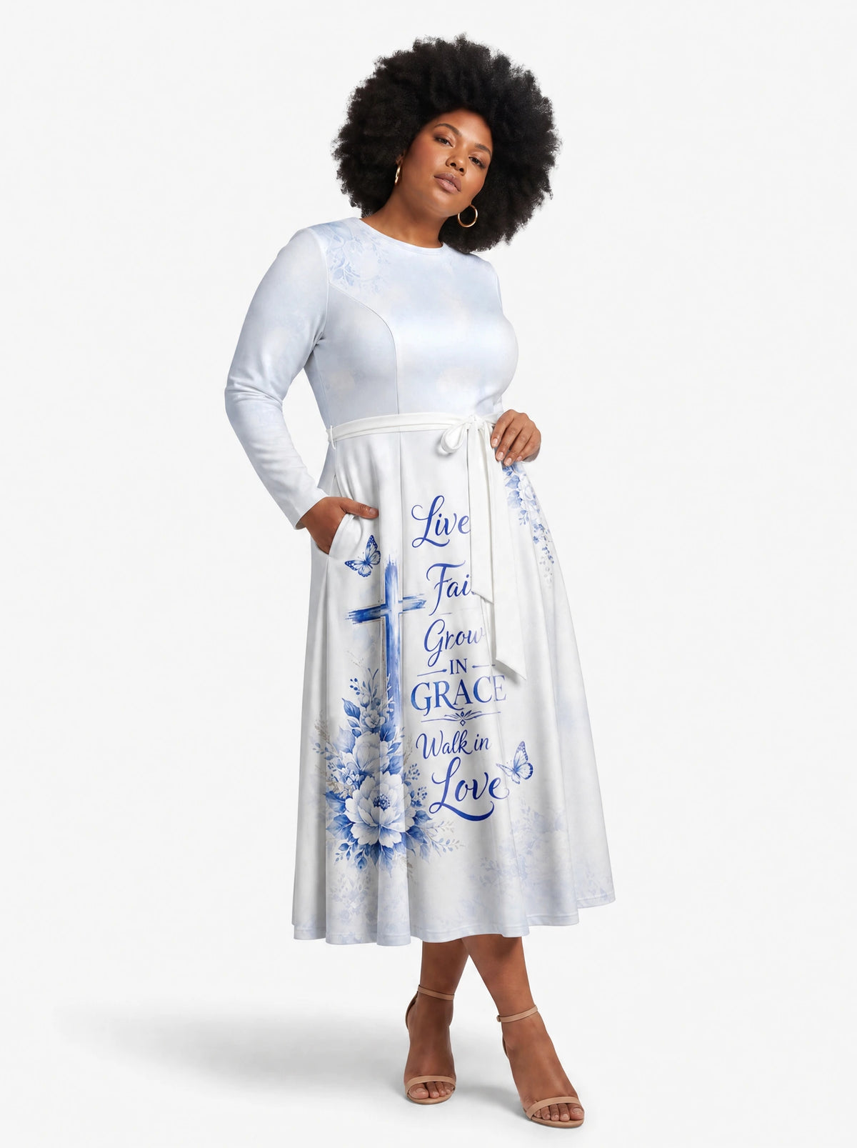 "Neema" Long Sleeve Midaxi Dress — three-quarter view on model, hand in the side pocket