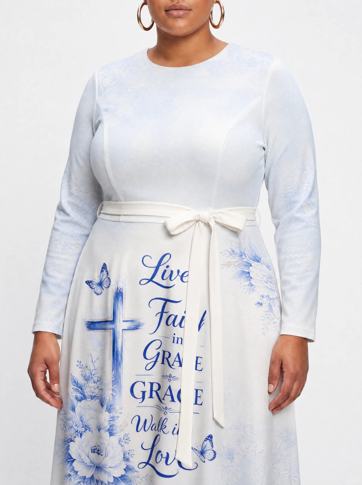 "Neema" Long Sleeve Midaxi Dress — close-up of the tie sash and the in-seam side pocket