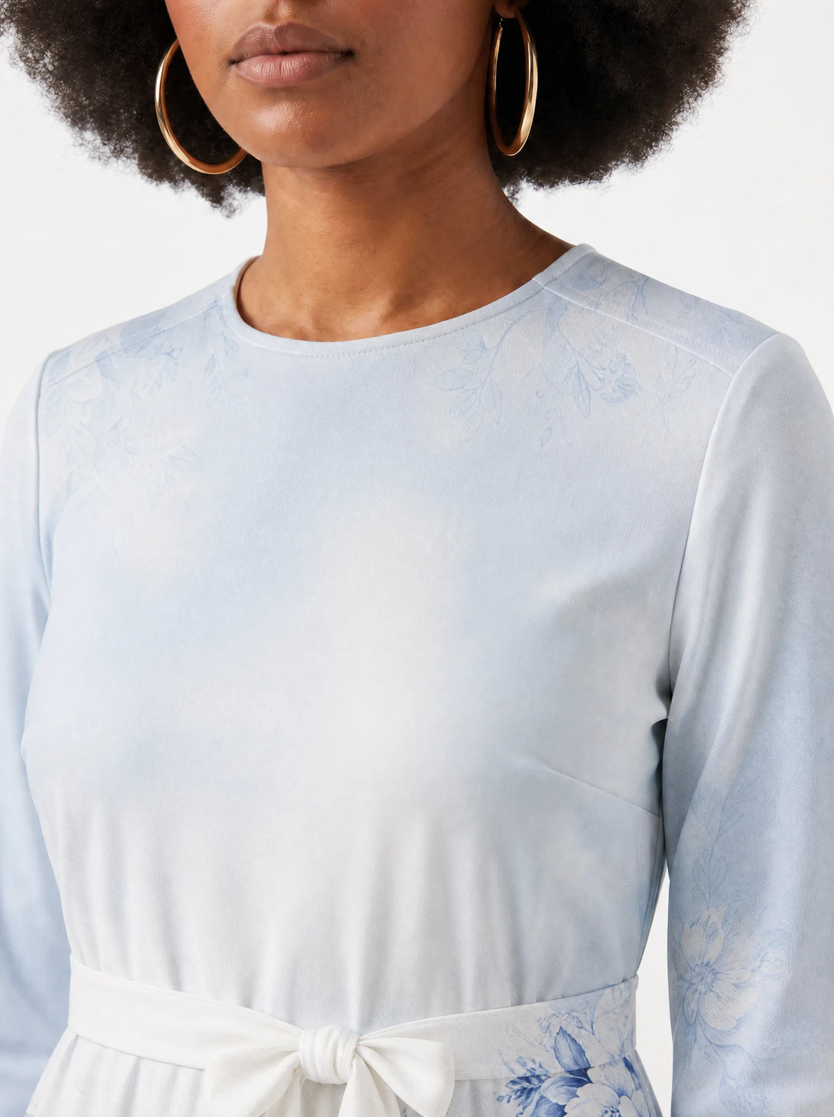 "Neema" Long Sleeve Midaxi Dress — close-up of the round neckline and long sleeve