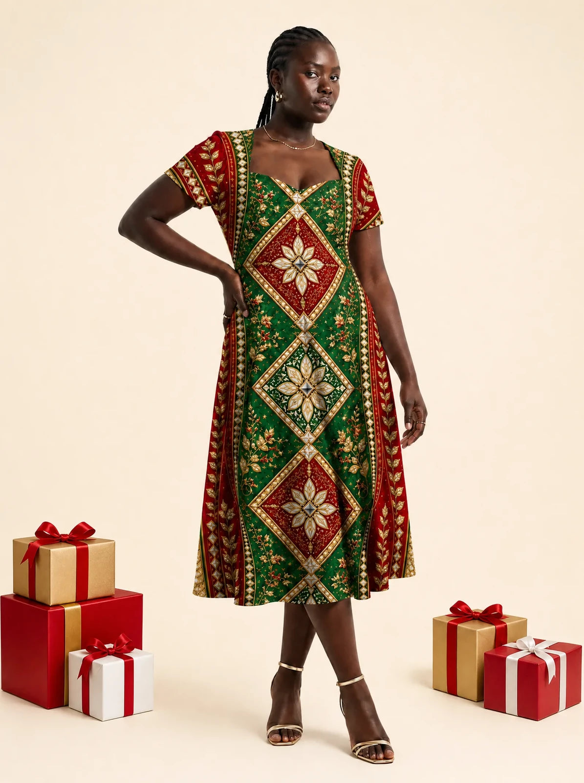 "Nembo" Sweetheart Midi Dress — on model, Christmas backdrop
