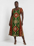 "Nembo" Sweetheart Midi Dress — front view on model