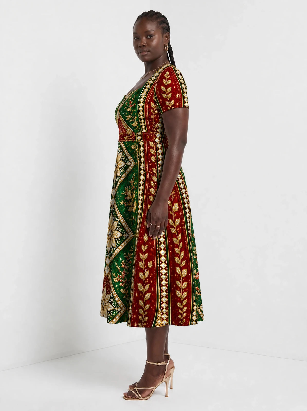"Nembo" Sweetheart Midi Dress — side view on model