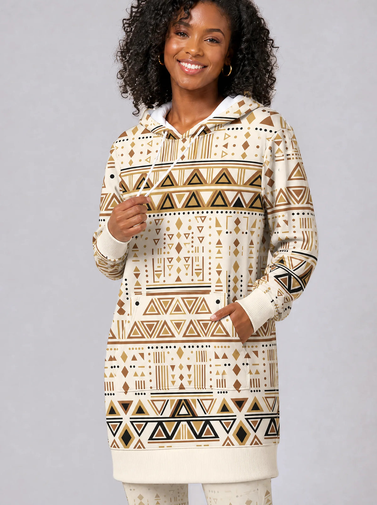 "Ngano" Hoodie Dress — close-up on model, styled with the matching leggings