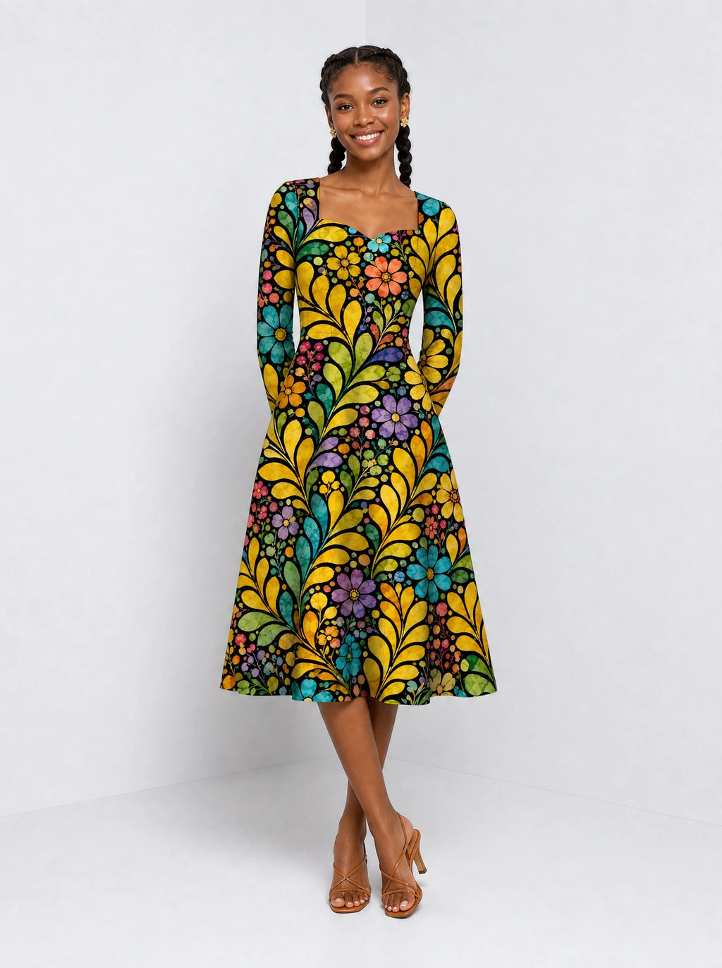 "Njano" Long Sleeve Sweetheart Midi Dress — front view on model