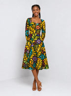 "Njano" Long Sleeve Sweetheart Midi Dress — front view on model