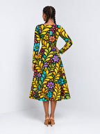 "Njano" Long Sleeve Sweetheart Midi Dress — back view on model