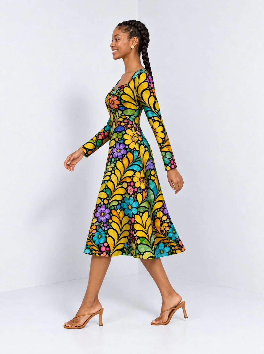 "Njano" Long Sleeve Sweetheart Midi Dress — side view on model