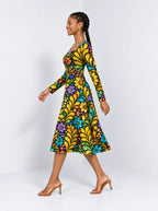 "Njano" Long Sleeve Sweetheart Midi Dress — side view on model