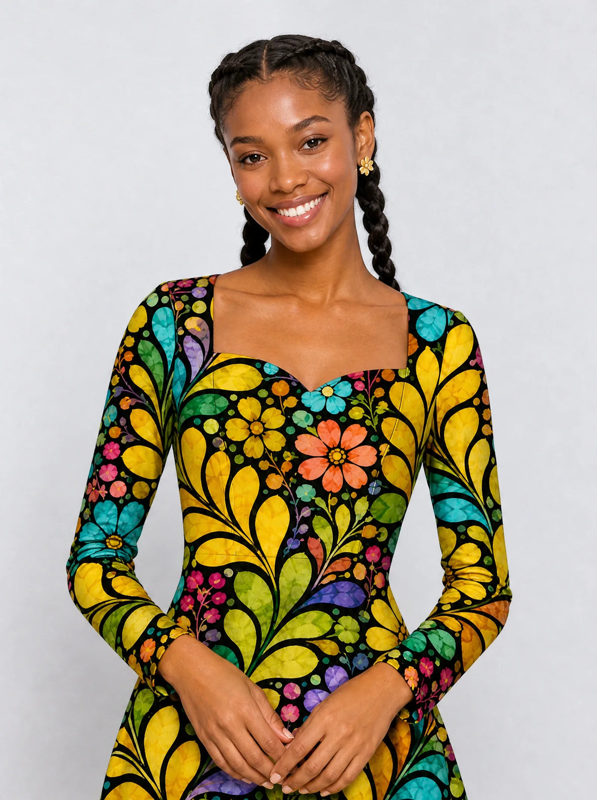"Njano" Long Sleeve Sweetheart Midi Dress — print close-up on model
