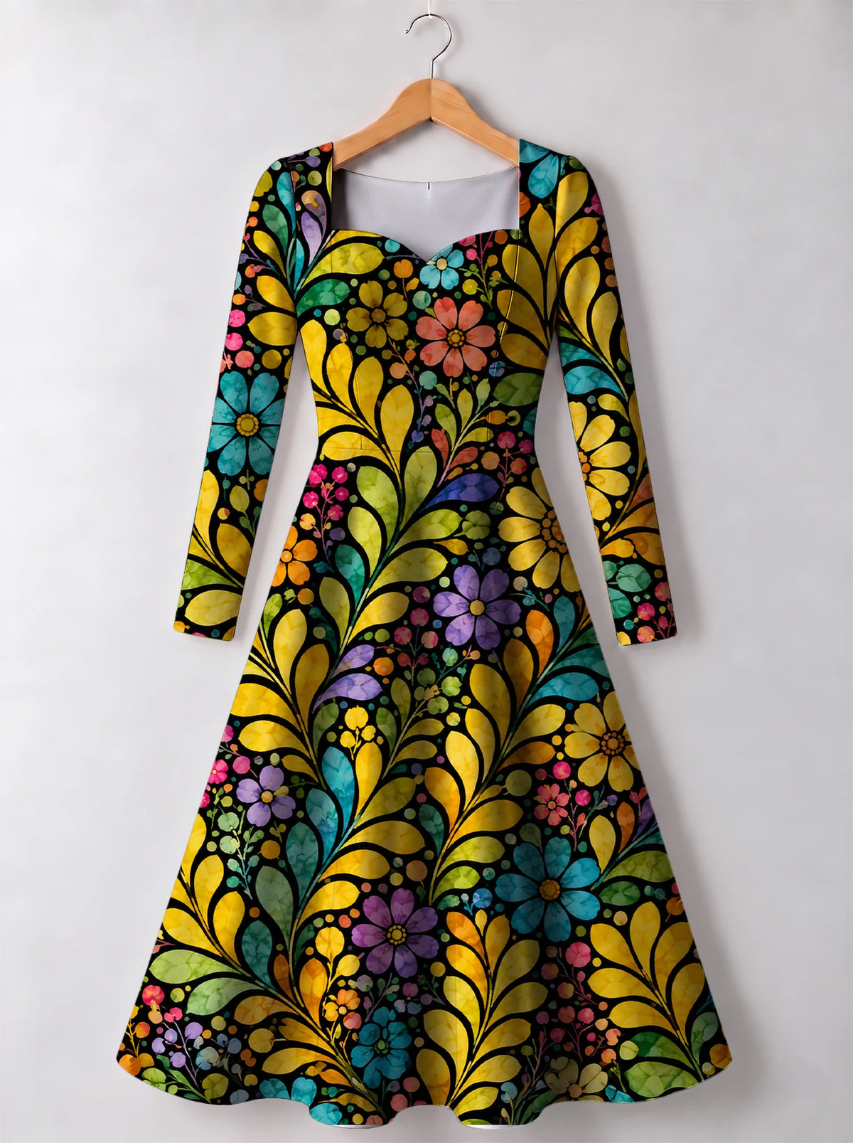 "Njano" Long Sleeve Sweetheart Midi Dress — front view