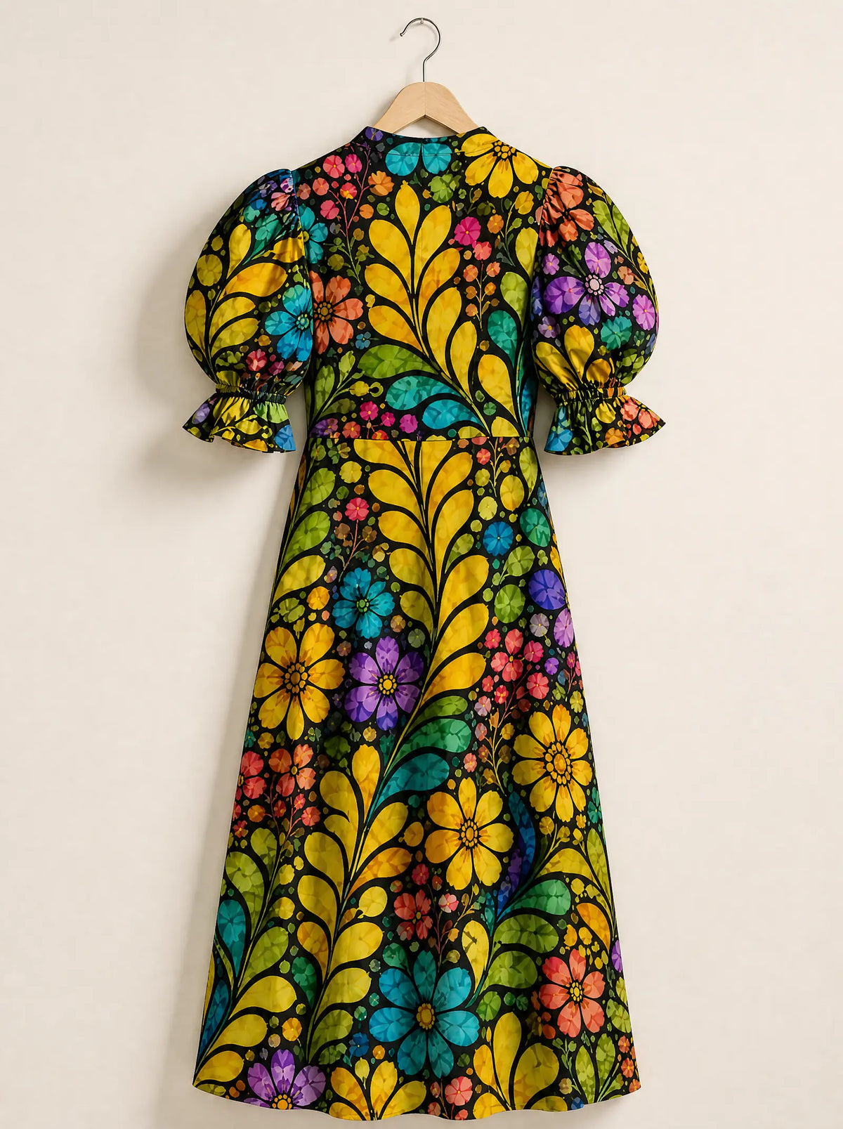 "Njano" Puff Sleeve Dress — the dress on a hanger, back