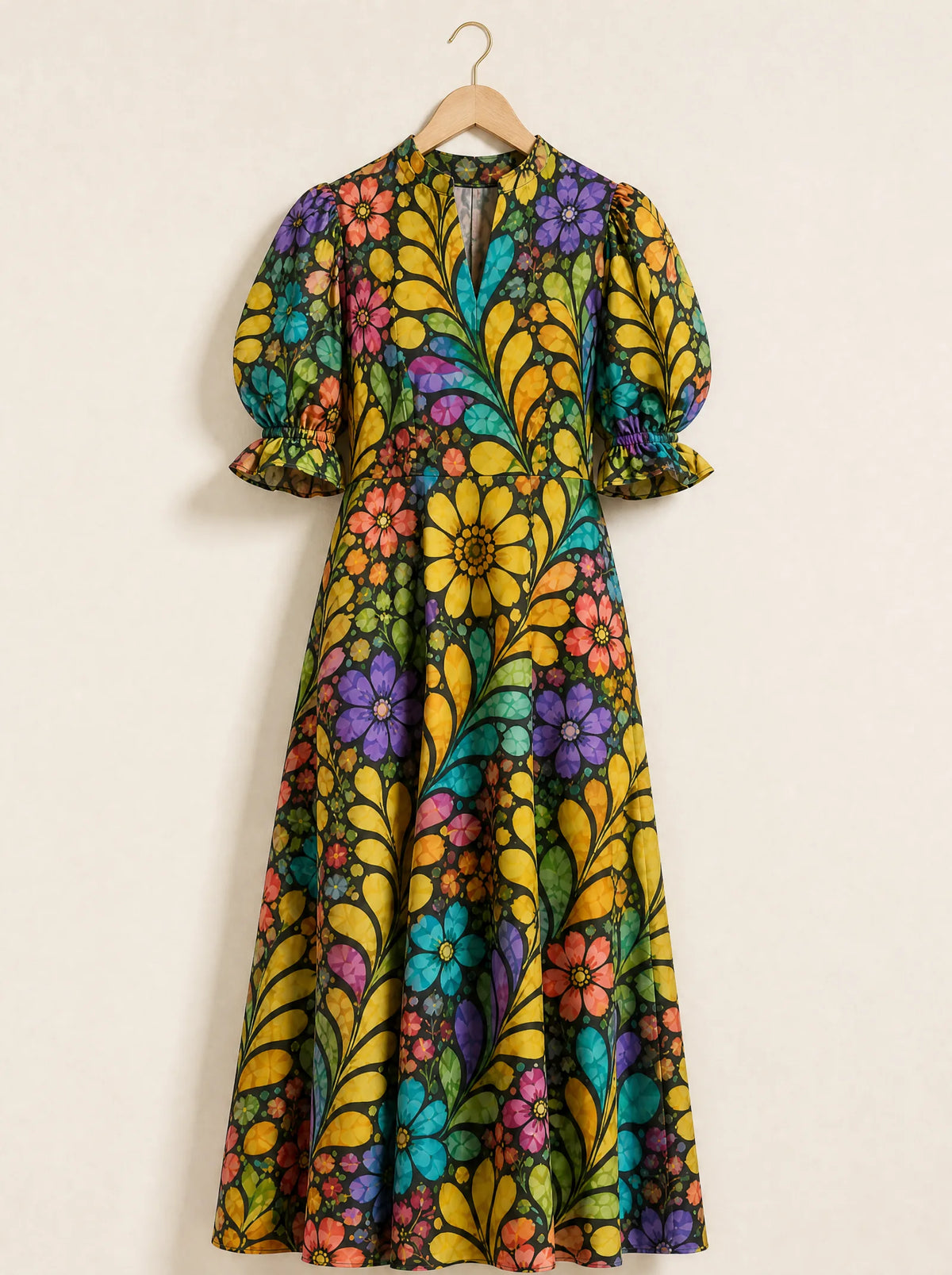 "Njano" Puff Sleeve Dress — the dress on a hanger, front