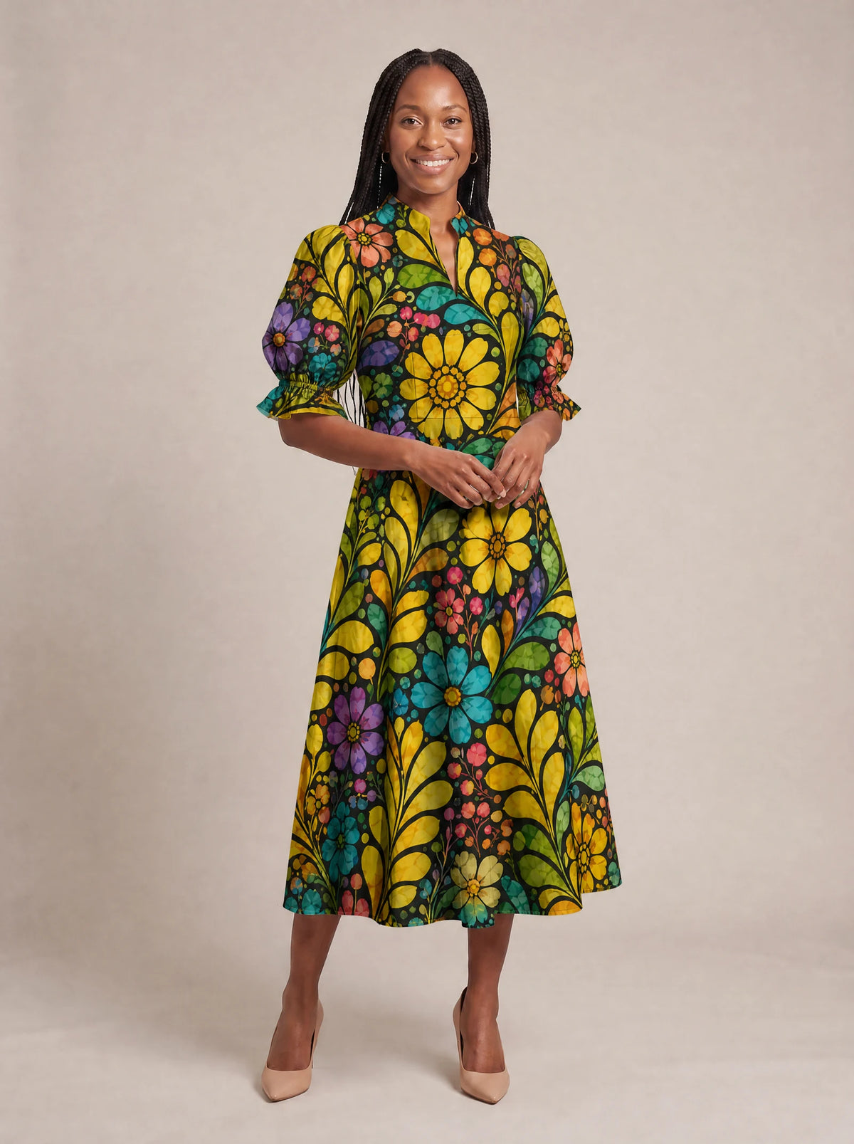 "Njano" Puff Sleeve Dress — walking, three-quarter view on model