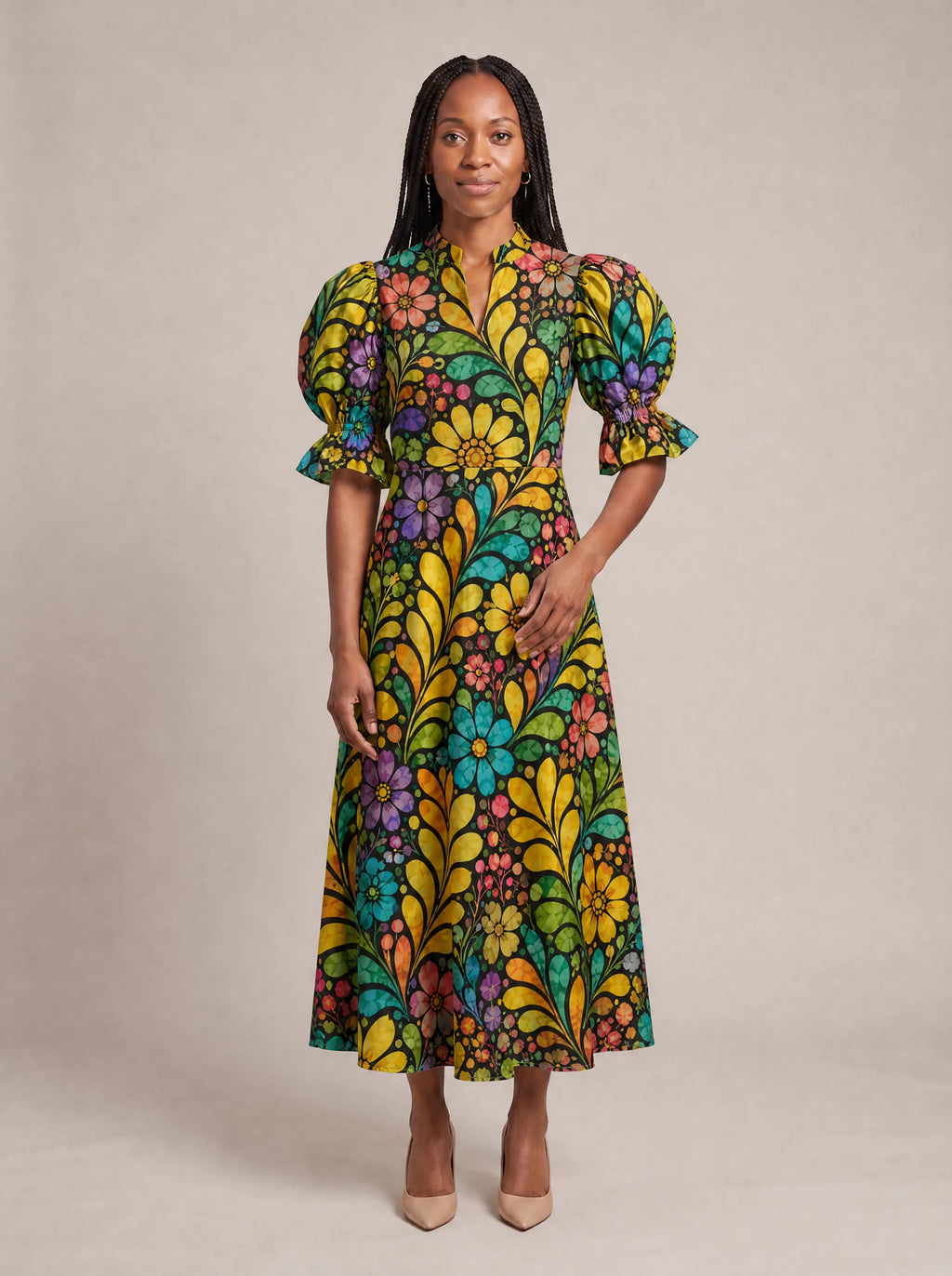 "Njano" Puff Sleeve Dress — standing, angled view on model