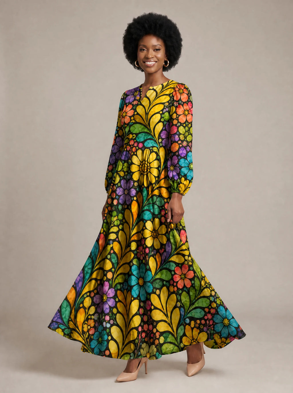 "Njano" Puff Sleeve Maxi Dress — walking, three-quarter view on model