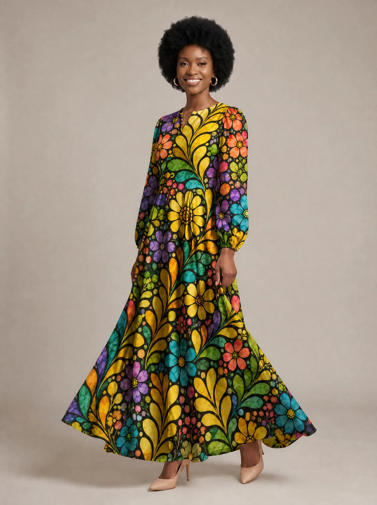 "Njano" Puff Sleeve Maxi Dress — walking, three-quarter view on model