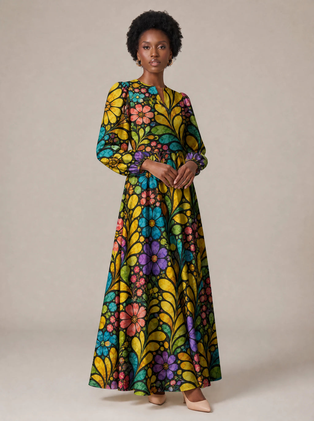 "Njano" Puff Sleeve Maxi Dress — standing, angled view on model