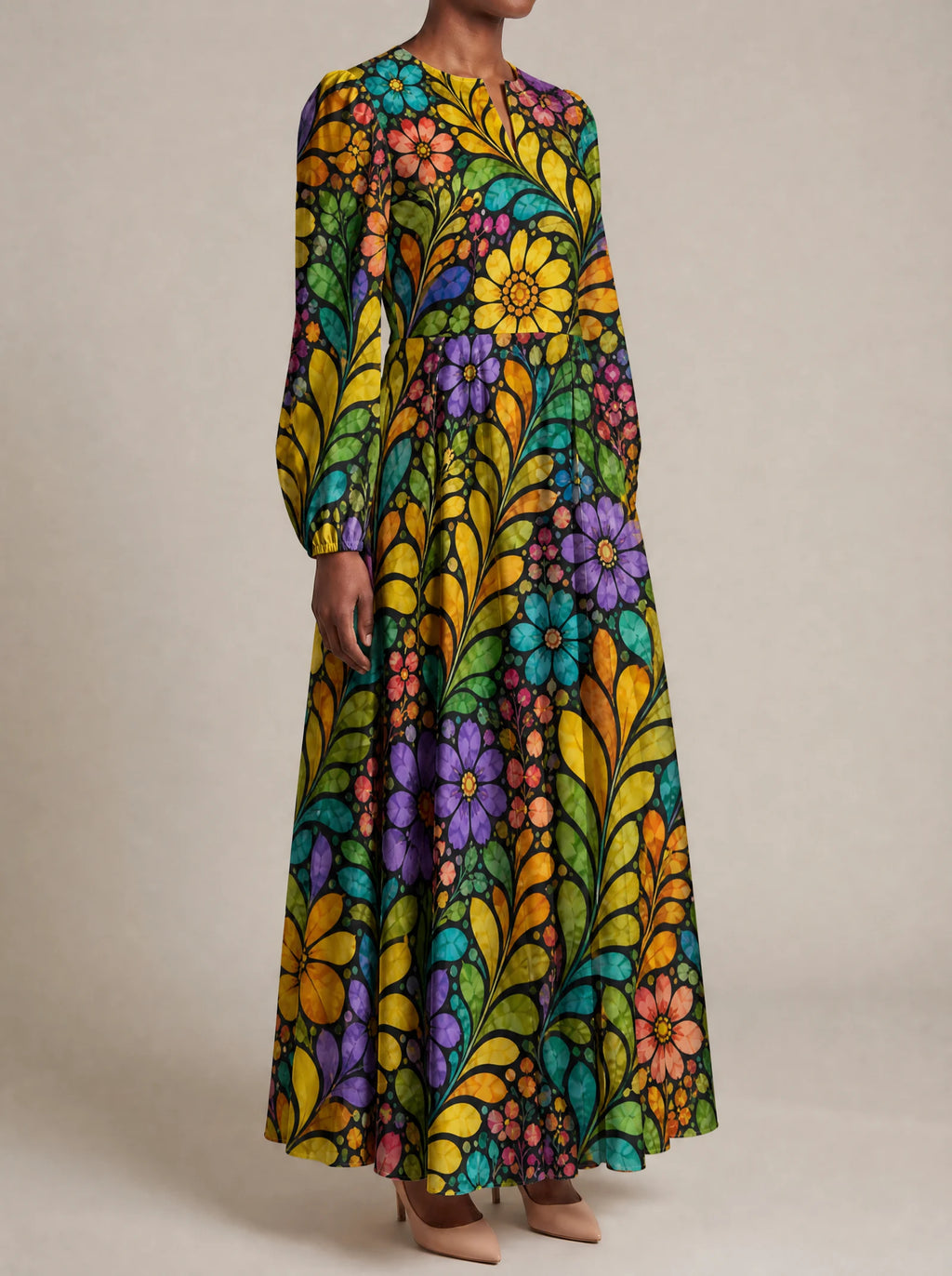 "Njano" Puff Sleeve Maxi Dress — three-quarter view on model