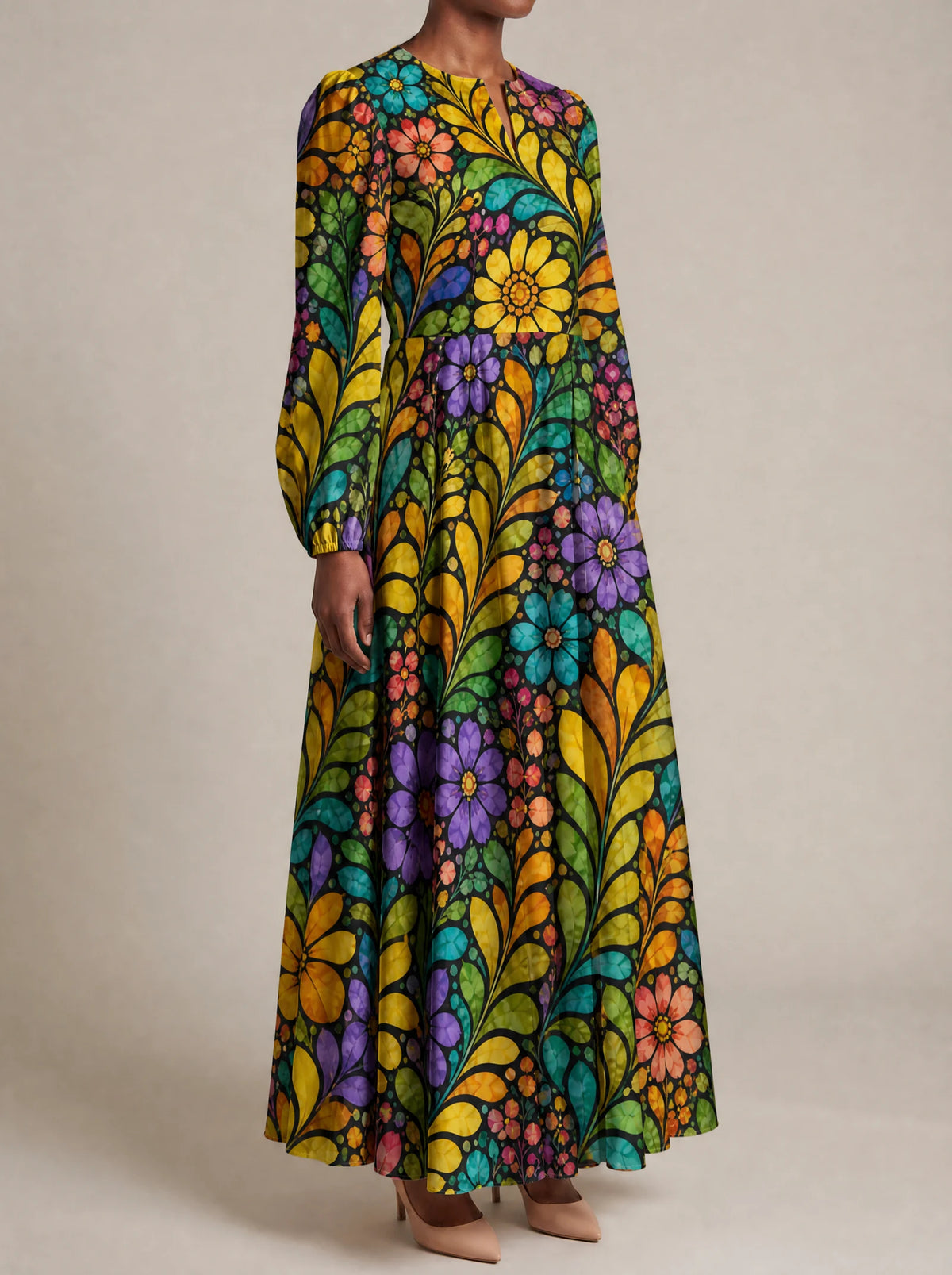 "Njano" Puff Sleeve Maxi Dress — three-quarter view on model