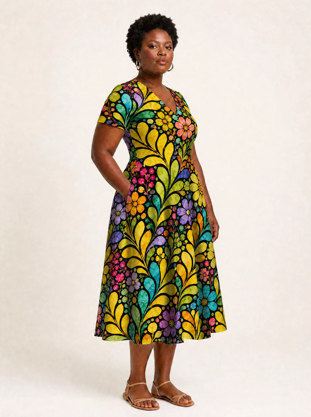 "Njano" V Neck Midi Dress — full body