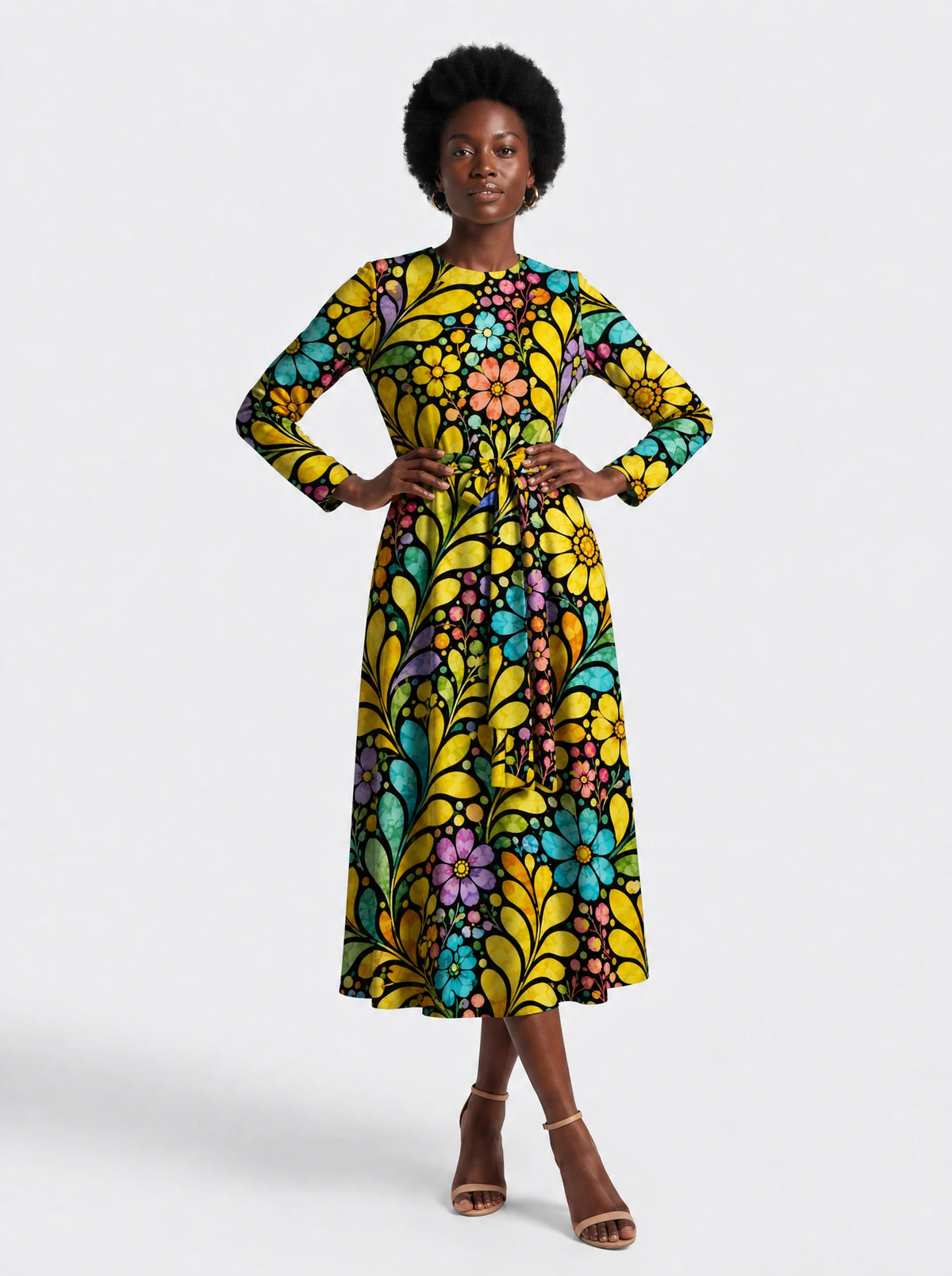 "Njano" Long Sleeve Midaxi Dress — front view on model