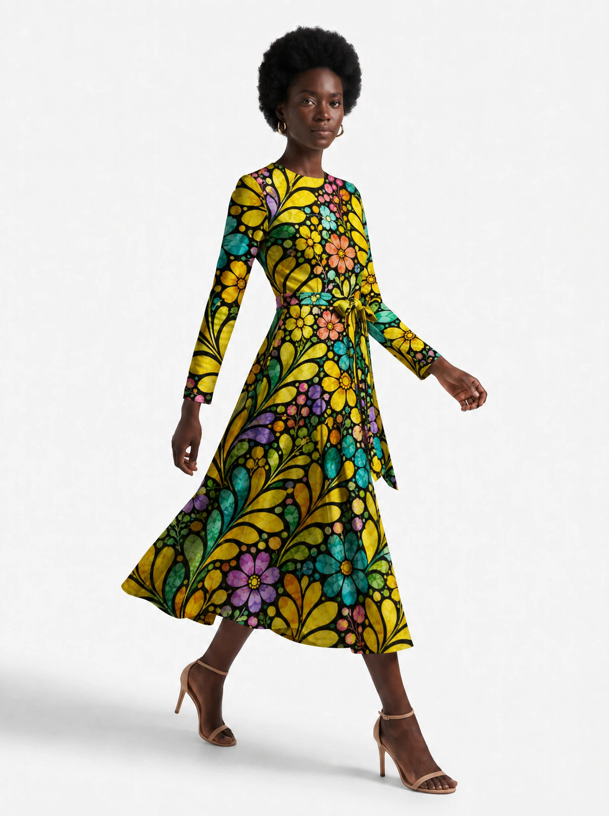 "Njano" Long Sleeve Midaxi Dress — three-quarter view on model, hand in the side pocket