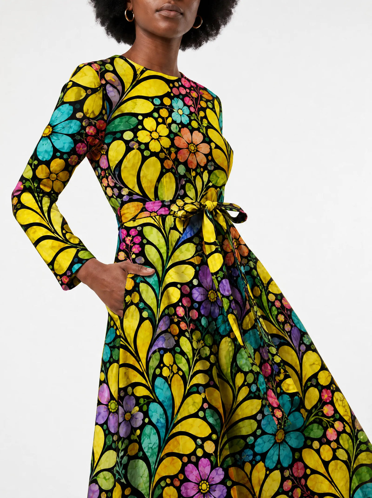 "Njano" Long Sleeve Midaxi Dress — close-up of the tie sash and the in-seam side pocket