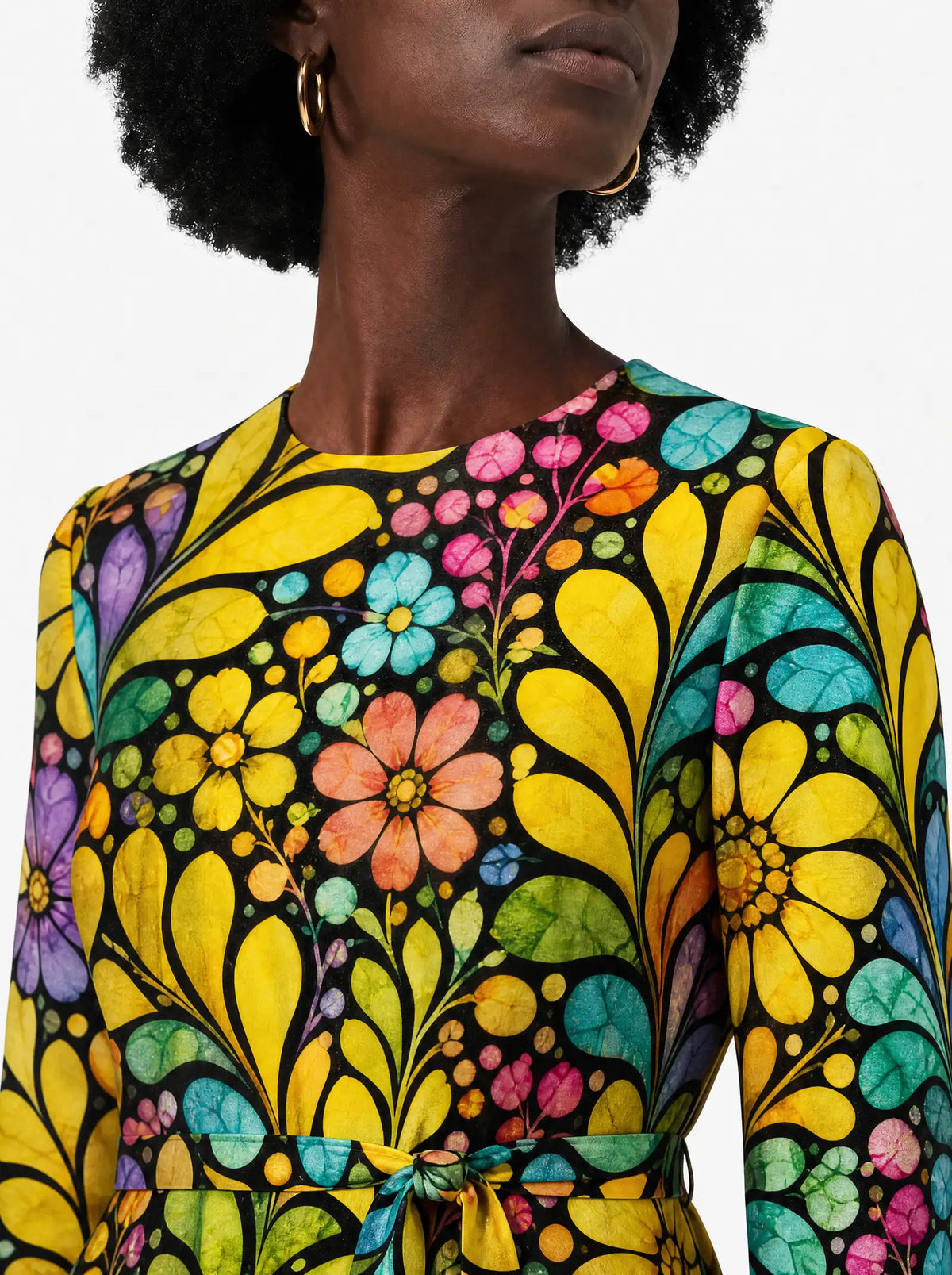 "Njano" Long Sleeve Midaxi Dress — close-up of the round neckline and long sleeve