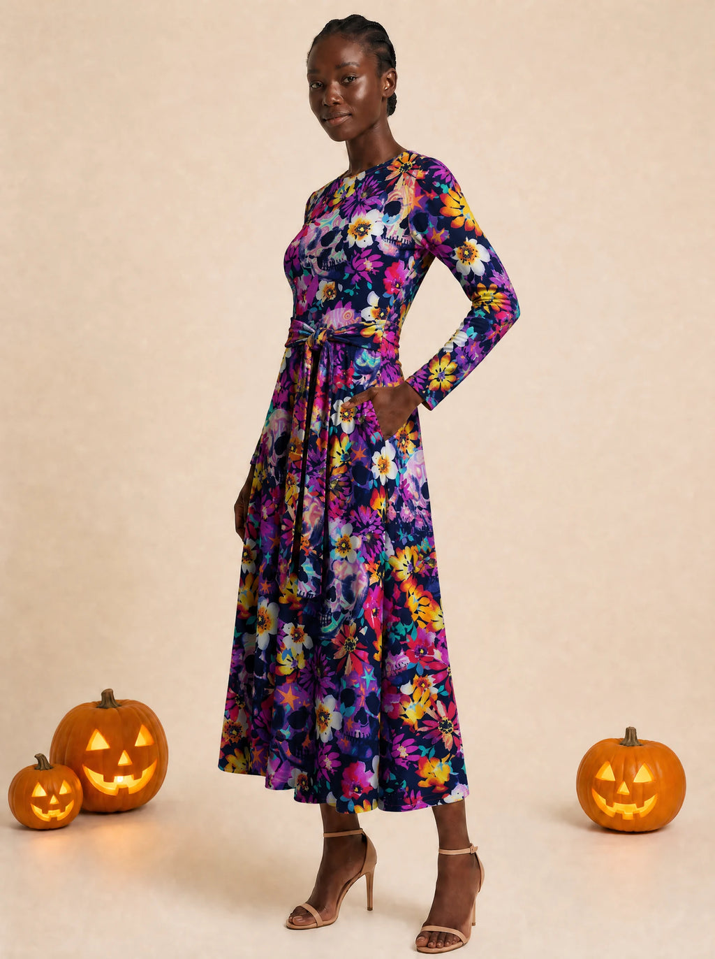 "Njozi" Long Sleeve Midaxi Dress — front view on model