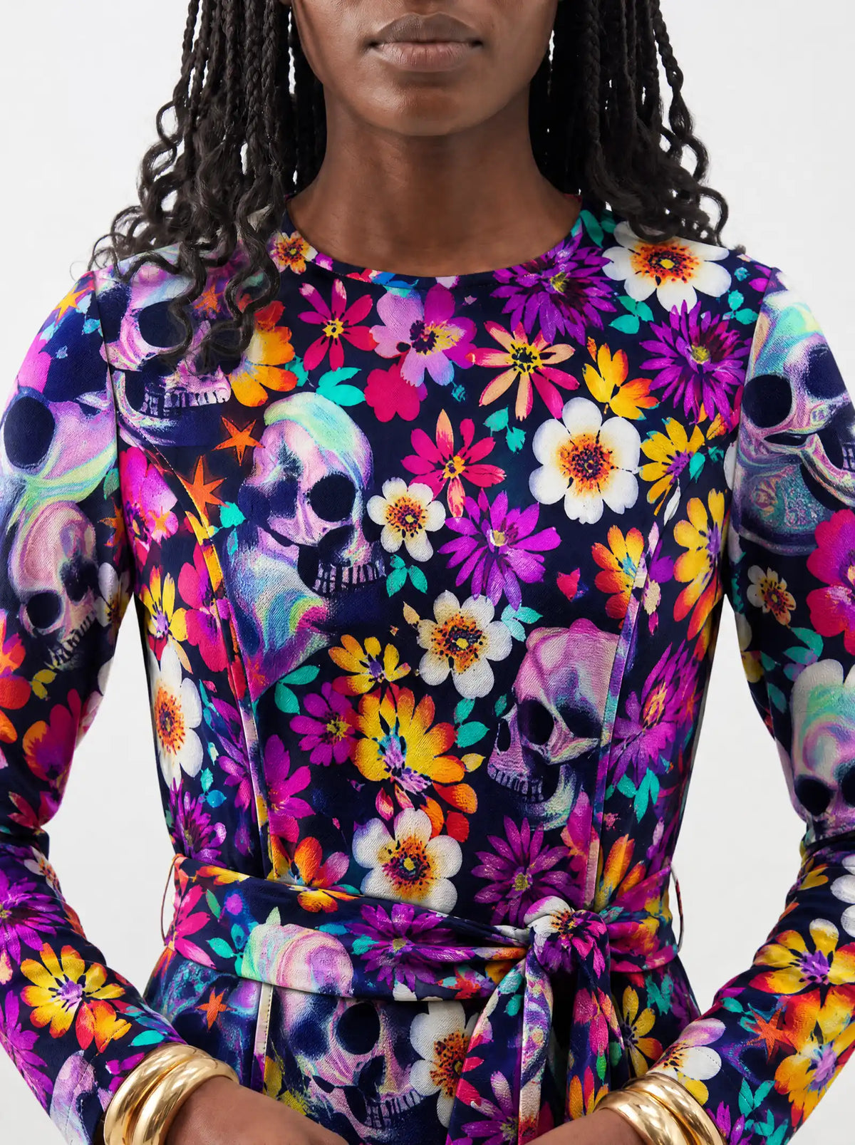 "Njozi" Long Sleeve Midaxi Dress — close-up of the round neckline and long sleeve