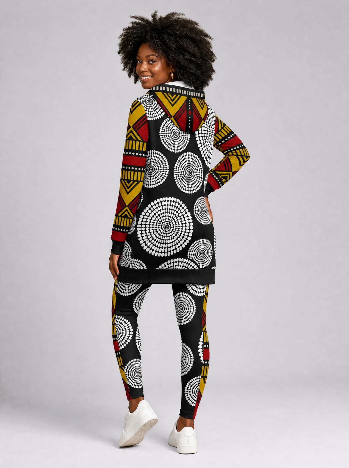 "Nukta" Hoodie Dress — back view on model, styled with the matching leggings