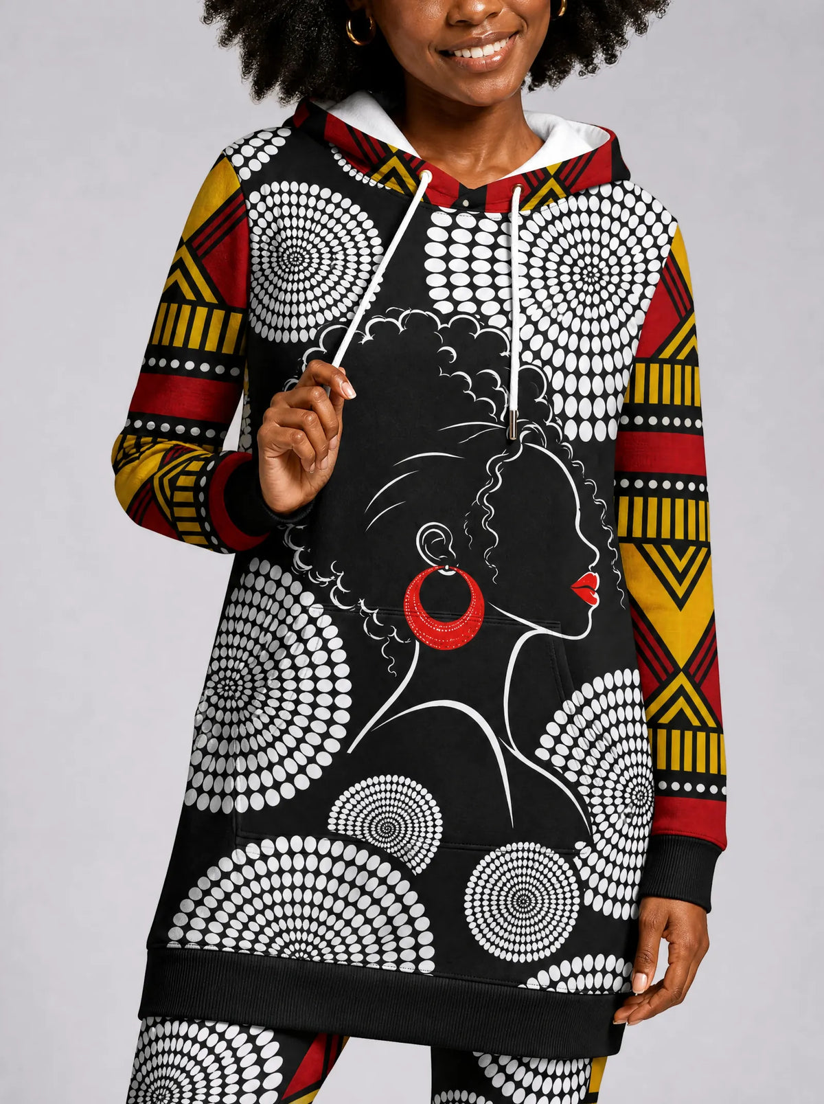 "Nukta" Hoodie Dress — close-up on model, styled with the matching leggings
