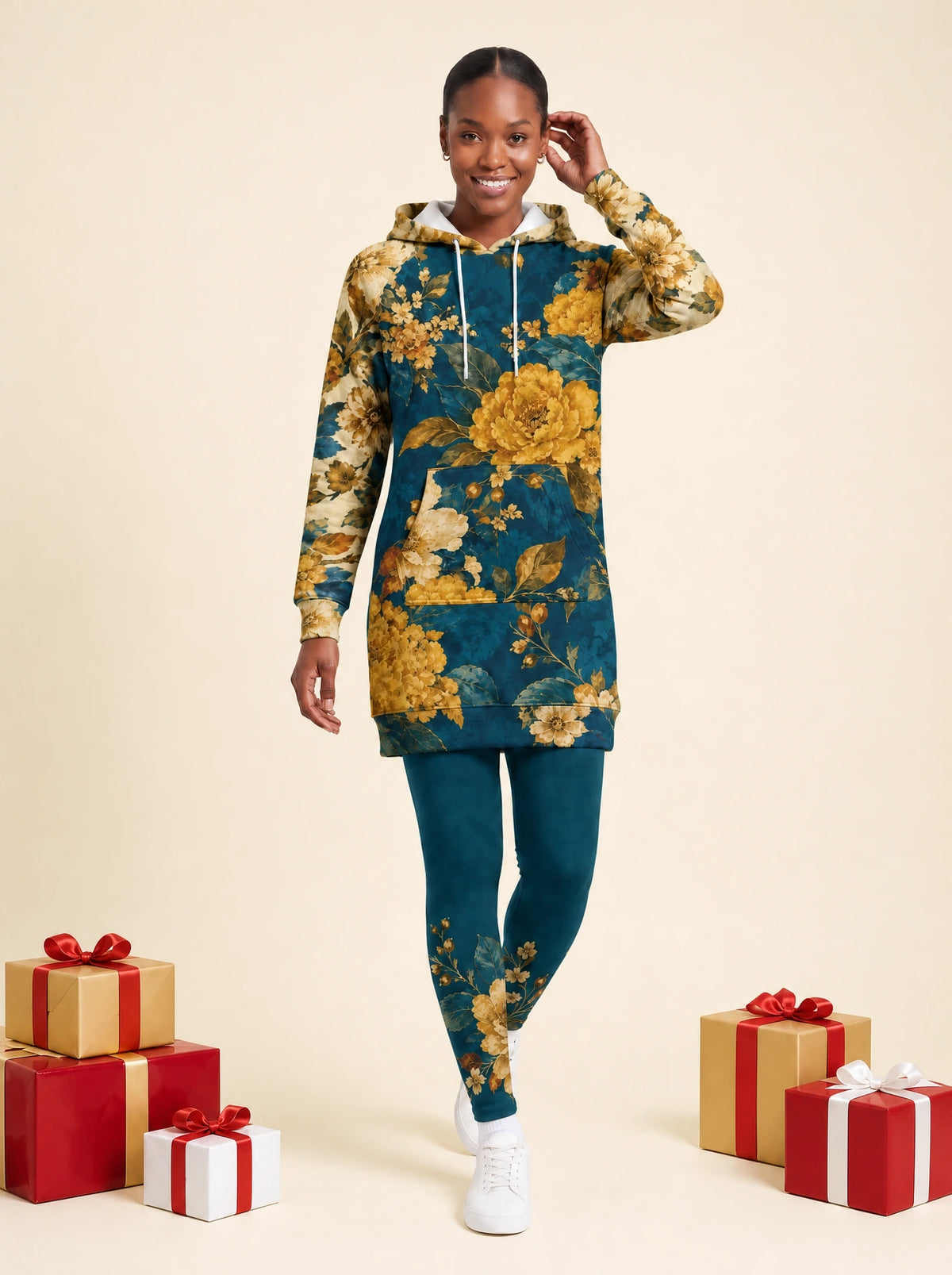 "Nyuki" Hoodie Dress — on model, styled with the matching leggings, Christmas backdrop