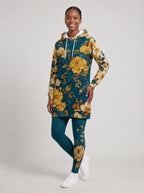 "Nyuki" Hoodie Dress — front view on model, styled with the matching leggings
