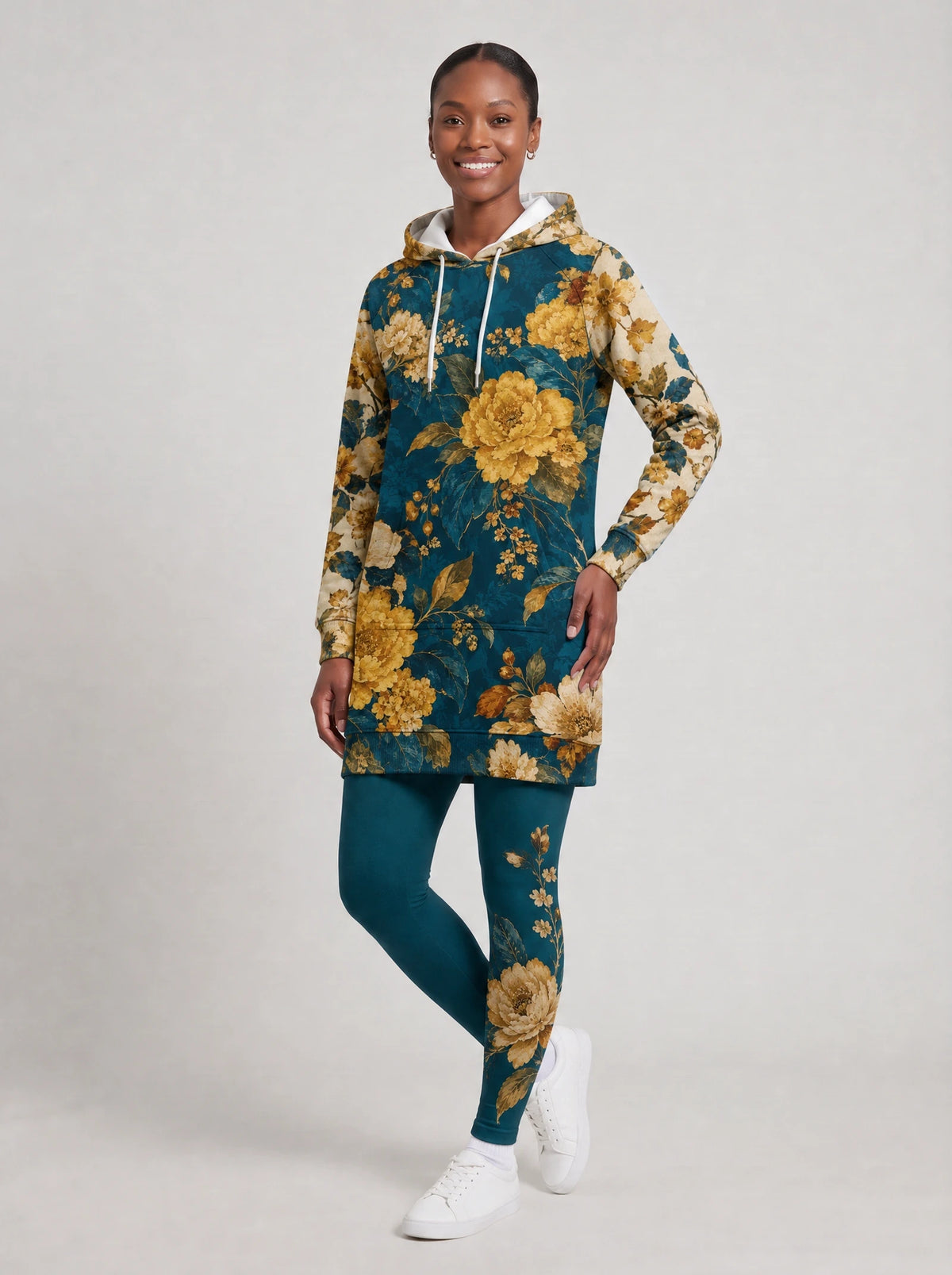 "Nyuki" Hoodie Dress — front view on model, styled with the matching leggings